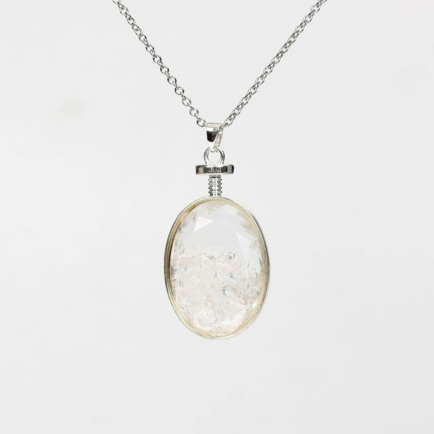 Crystal Chips In Oval Glass Pendant Necklace